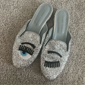 Chiara Ferragni Sabot Embellished Flirt Winking Eye Slip On Mules Silver Glitter